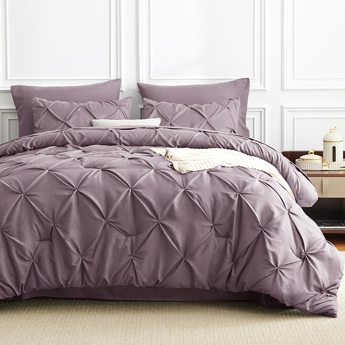 HIMEET Pintuck Bed in a Bag, 7 Pieces King Size Comforter Set Dusty Purple - Image 9