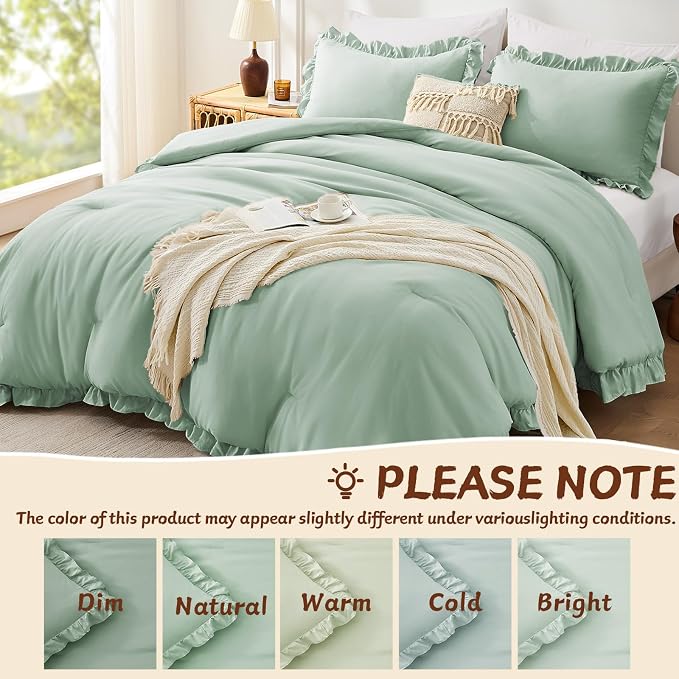 FUANNA Full Size Comforter Sets Sage Green, 3 Pieces Ruffle Full Size Bedding - Image 6