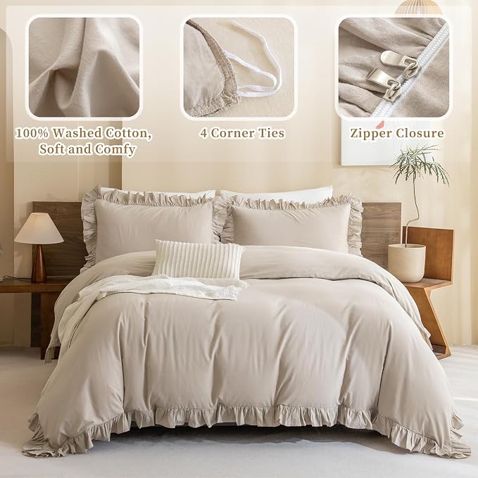 QSH Washed Cotton Queen Duvet Cover Set Ruffle Duvet Cover Linen Textured - Image 2