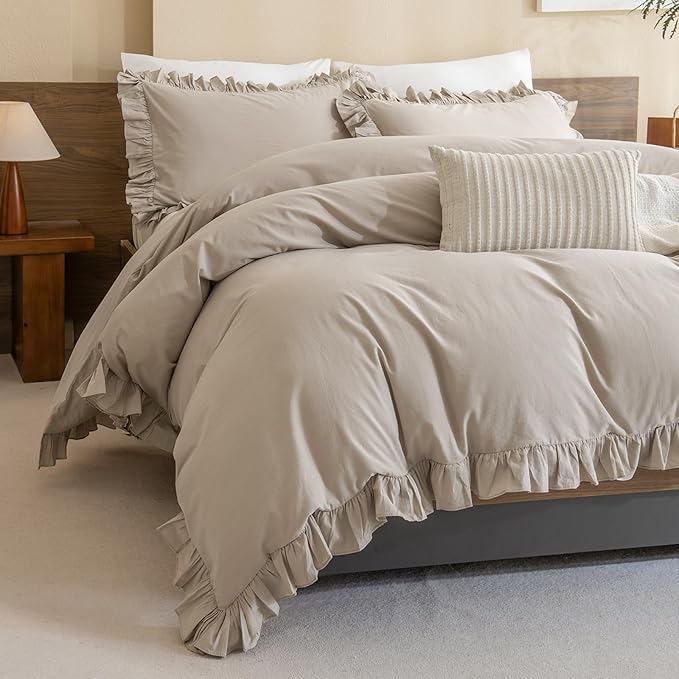 QSH Washed Cotton Duvet Cover King Ruffle Duvet Cover Linen Textured Farmhouse by QSH