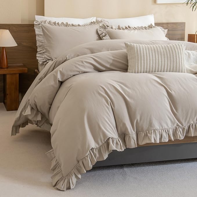 QSH Washed Cotton Queen Duvet Cover Set Ruffle Duvet Cover Linen Textured by QSH