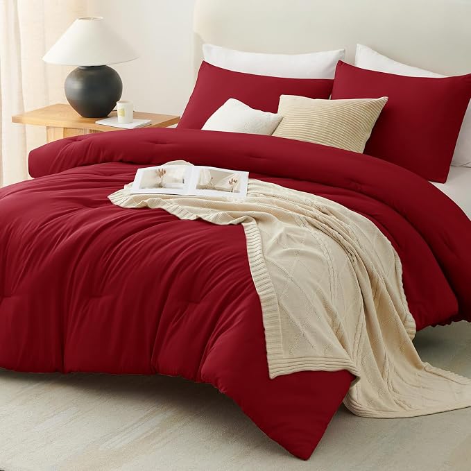CozyLux California King Comforter Set Dark Red, 3 Pieces Cal King Solid - Image 6