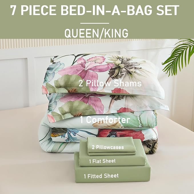 Yogeneg King Size Comforter Set 7 Piece Bed in a Bag, Elegant Floral Botanical - Image 6