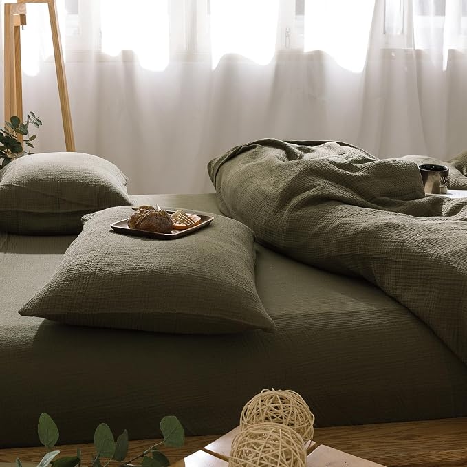 mixinni Olive Green Waffle Weave Duvet Cover Set King, 3-Piece 100% Natural - Image 3