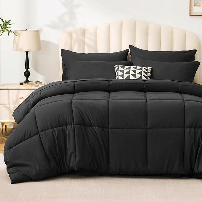 Love's cabin King Size Comforter Set Ash Black, 7 Pieces King Bed in a Bag by Lovescabin