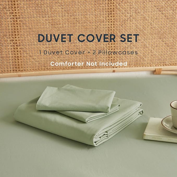 Wake In Cloud - Cotton Duvet Cover Set, King Size, Sage Green, 100% Washed - Image 2