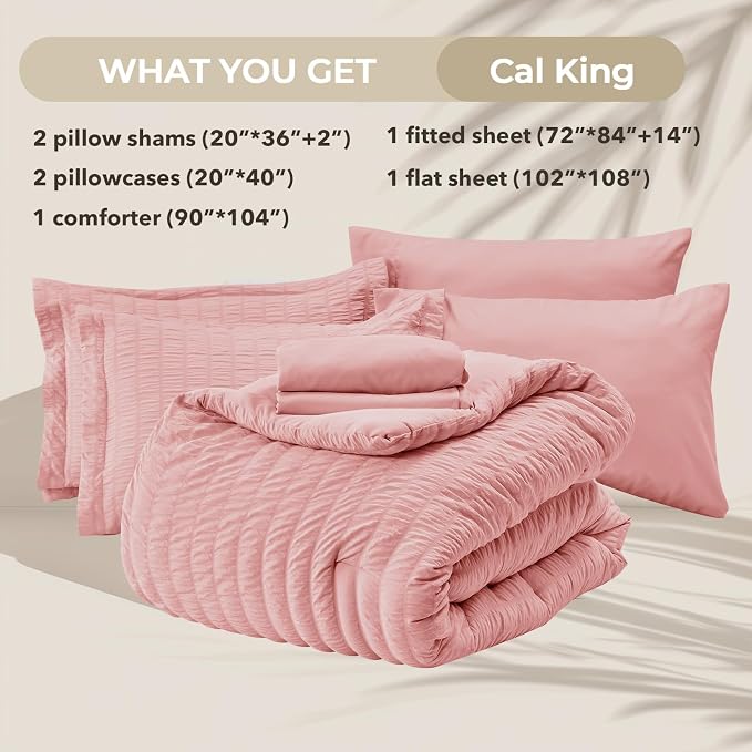 HYMOKEGE Rose Pink California King Comforter Set Seersucker 7 Pieces, All - Image 5