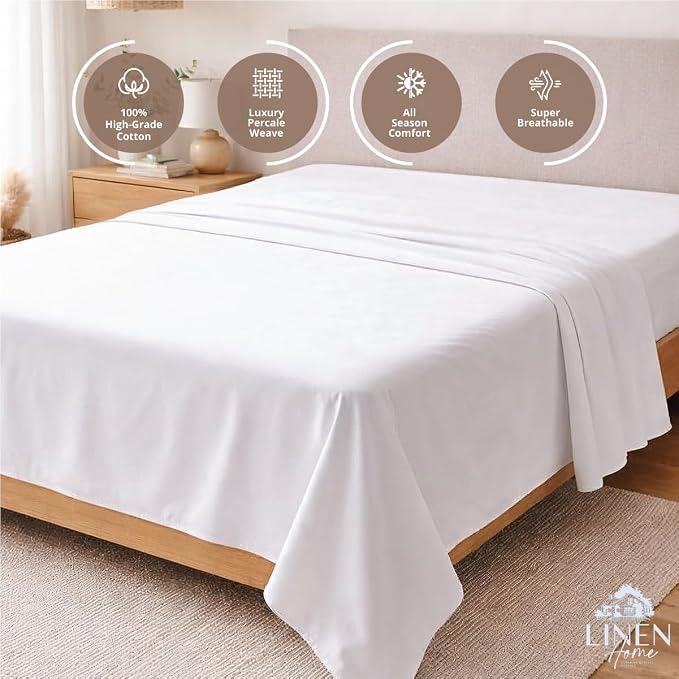 Linen Home 100% Cotton Percale 1 Flat Sheet, Queen Size - Image 3