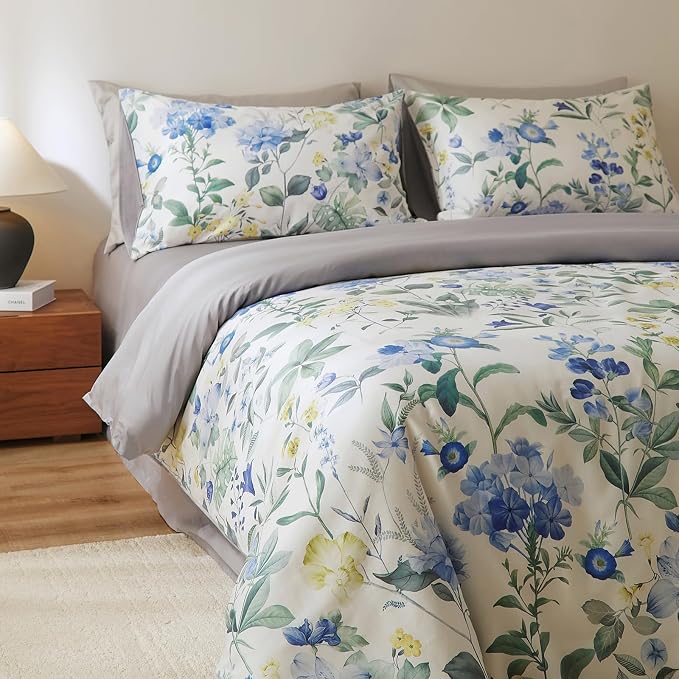 mixinni Reversible Floral Duvet Cover Set Queen Size, 3 Piece Blue Green - Image 8