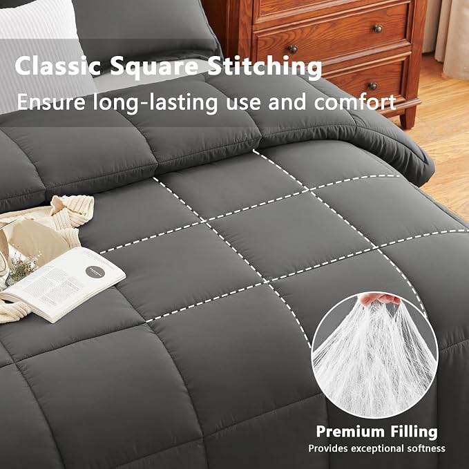 CozyLux Oversized Queen Comforter Set, 3 Pieces Dark Grey 98x98 Box Stitched - Image 2