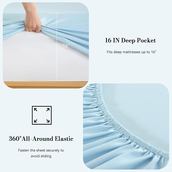King Sheet Set 4 Piece, Wrinkle Free, Oeko-Tex Certified Bedsheets，Sky Blue - Image 3