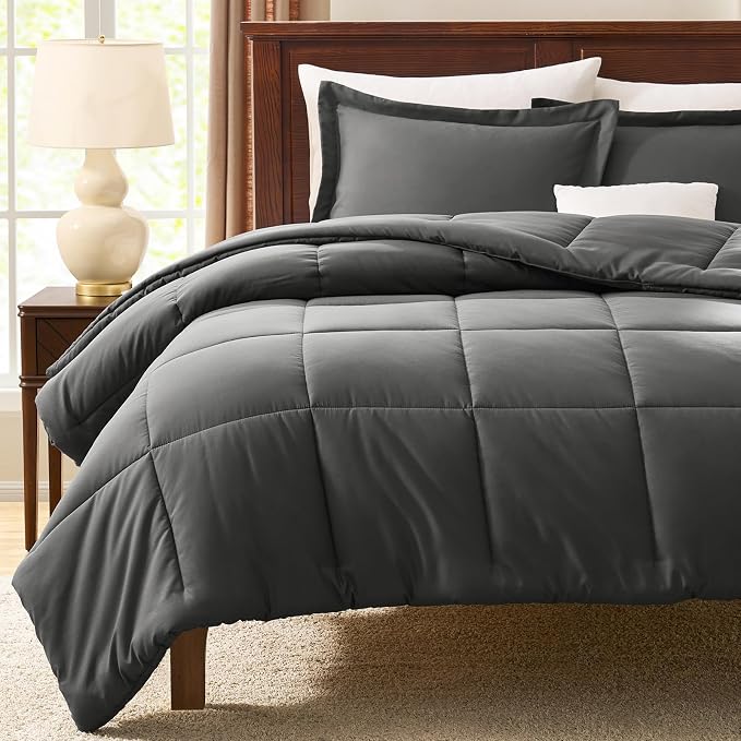 CozyLux Oversized Queen Comforter Set, 3 Pieces Dark Grey 98x98 Box Stitched - Image 7