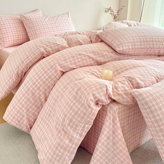 PinkMemory Pink Gingham Plaid Duvet Cover Set Queen 100% Washed Cotton Cute - Image 4