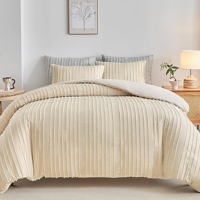 WARMDERN Khaki Boho Duvet Cover Set Full Size, Striped Textured Tufted Bedding by WARMDERN