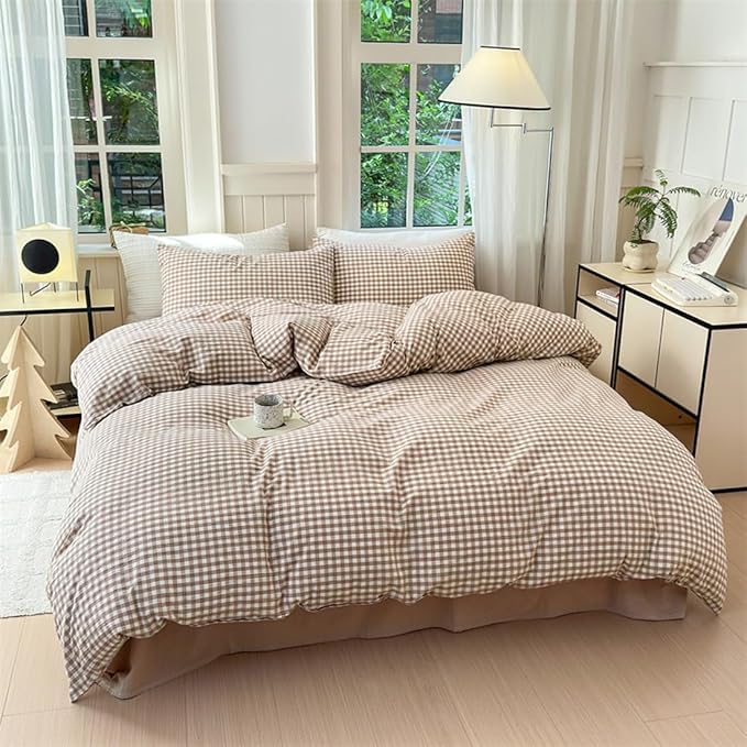 Nayoroom Brown Gingham Duvet Cover Full Size Tan White Plaid Checkered Duvet - Image 2