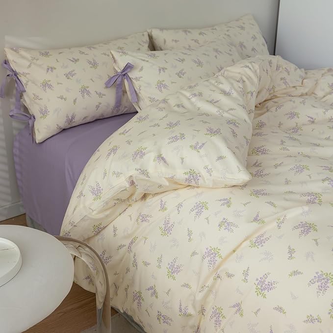 mixinni Lavender Flower Duvet Cover King Cotton Teenage Girls Flower Leaf Print - Image 2