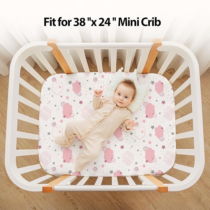 Baby Mini Crib Sheets Girl, Portable 38”x26” Pack and Play Sheets Fitted - Image 4