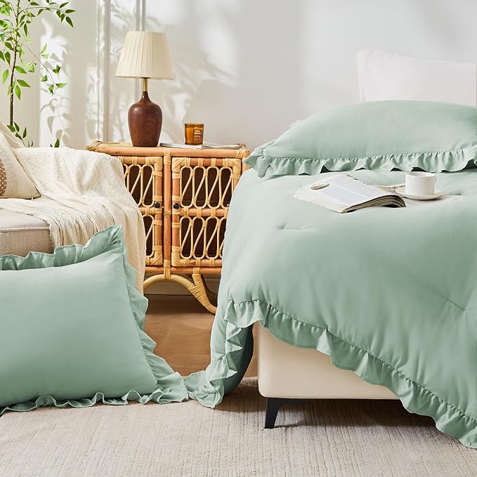 FUANNA Full Size Comforter Sets Sage Green, 3 Pieces Ruffle Full Size Bedding - Image 7