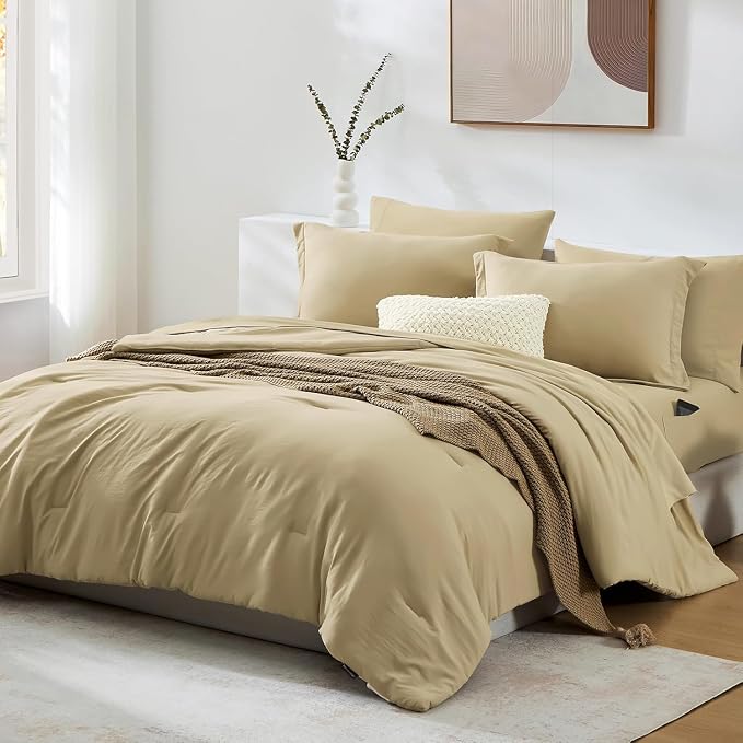 WRENSONGE Queen Comforter Set- 7 Pieces Soft Taupe Bed in a Bag Queen Size by WRENSONGE