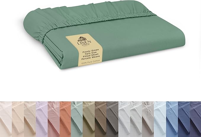 Linen Home 100% Cotton Percale Weave Fitted Sheet, Twin Size, Frosty Green by LINENHOME