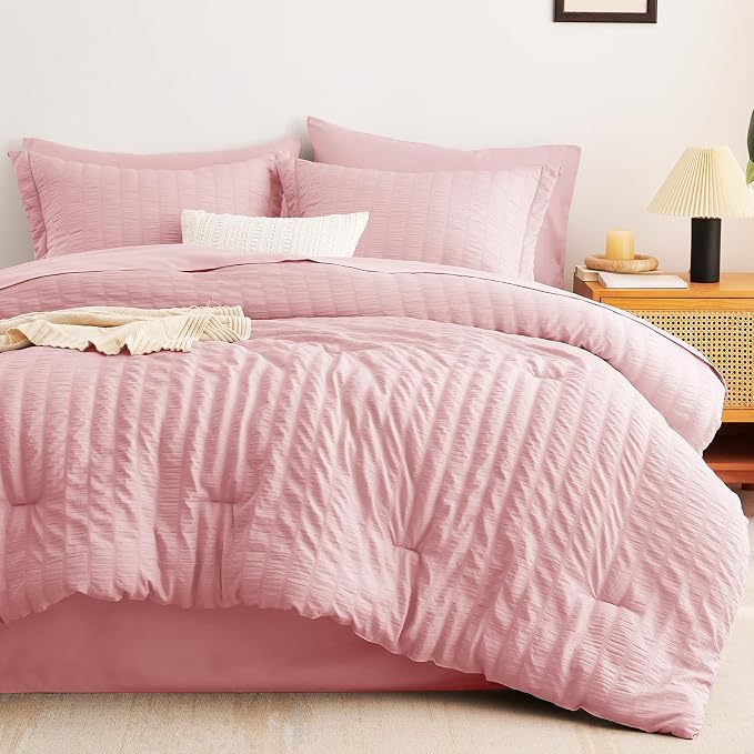 CozyLux King Size Comforter Set Pink Seersucker 7 Pieces Bed in a Bag King - Image 9