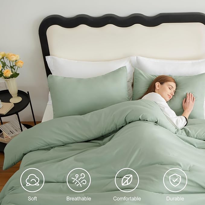 CozyLux Full Size Comforter Set Sage Green, 3 Pieces Solid Breathable Quilted - Image 5