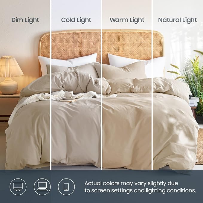 Wake In Cloud - Cotton Duvet Cover Set, Twin Size, Khaki Linen Color, 100% - Image 3
