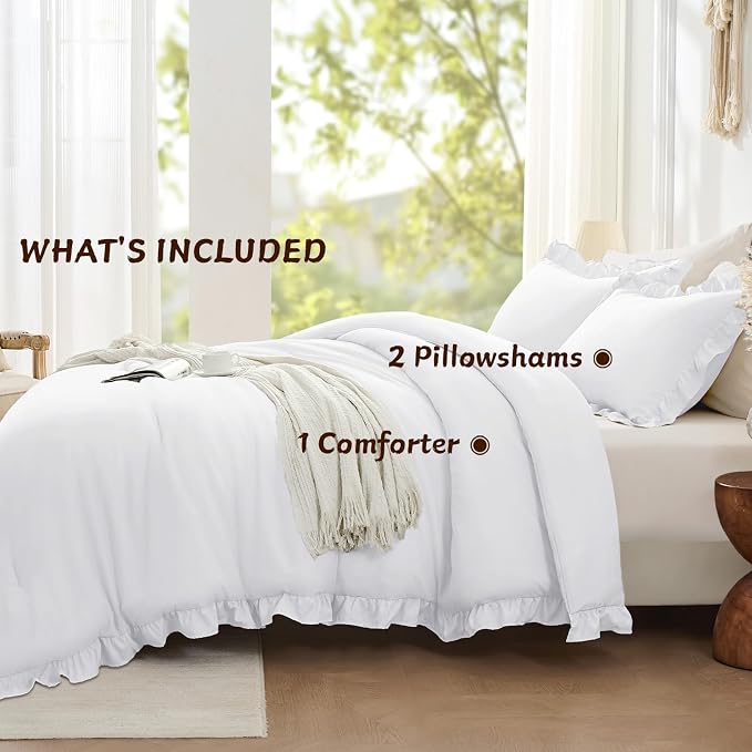 FUANNA Queen Comforter Set White 3 Pieces, Ruffle Shabby Chic Queen Bed Set - Image 7