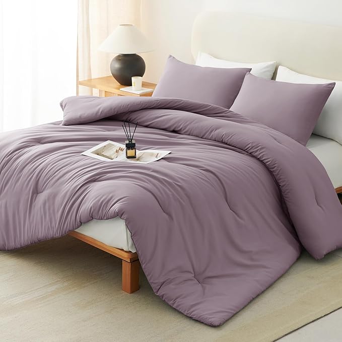 CozyLux California King Comforter Set Dusty Purple, 3 Pieces Cal King Solid by CozyLux