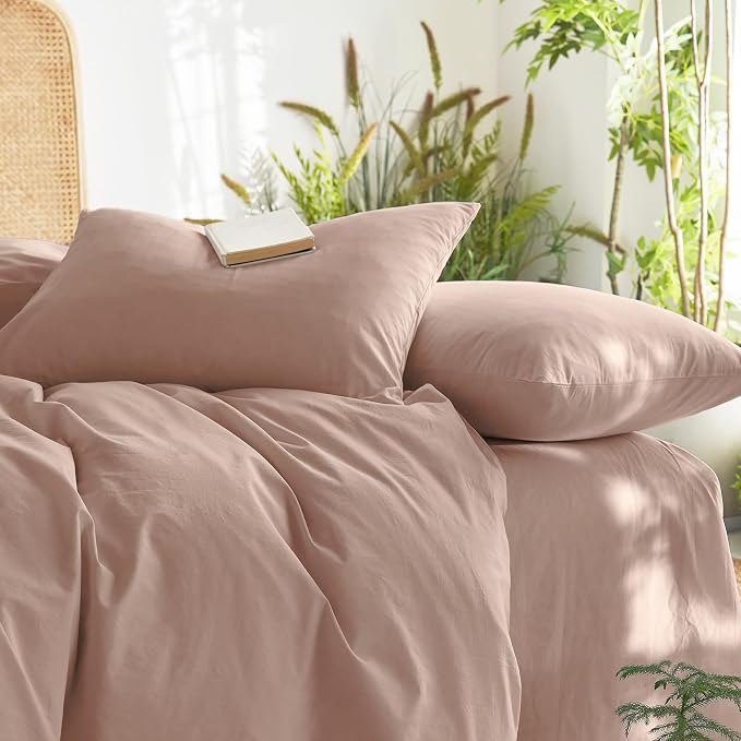 Wake In Cloud - Cotton Duvet Cover Set, King Size, Dusty Rose Pink, 100% Washed - Image 5