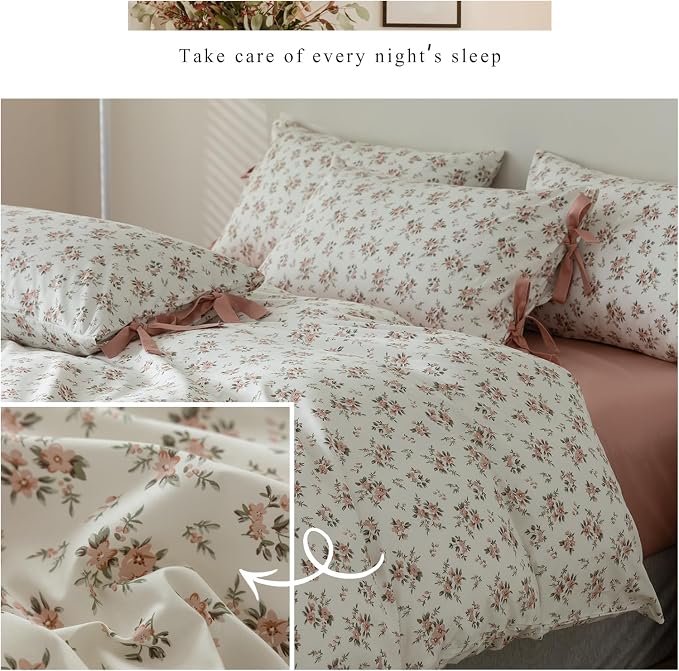 mixinni Vintage Style Girls Pale Pink Flower Pattern Duvet Cover King Soft - Image 6