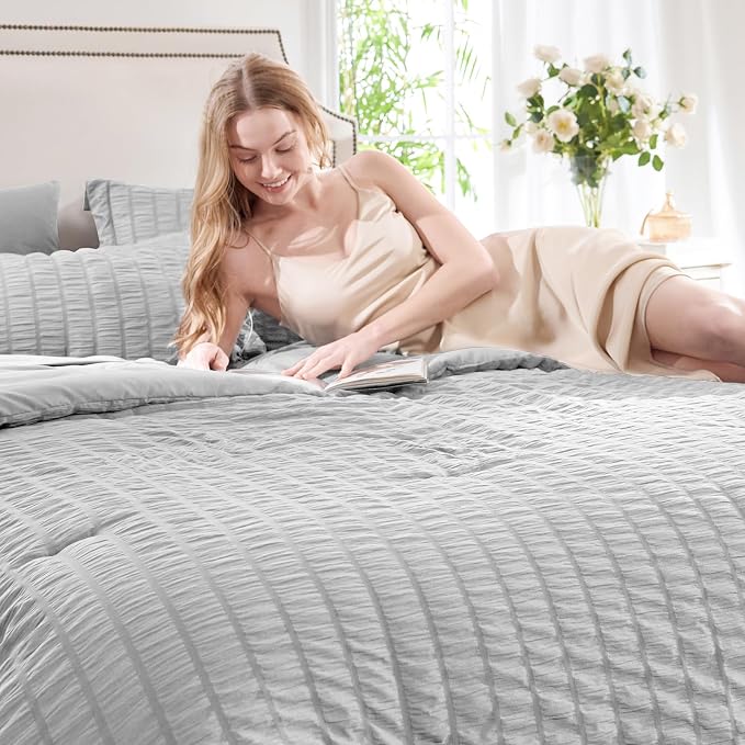 CozyLux Oversized Queen Comforter Set Light Grey Seersucker 7 Pieces 98x98 Bed - Image 3