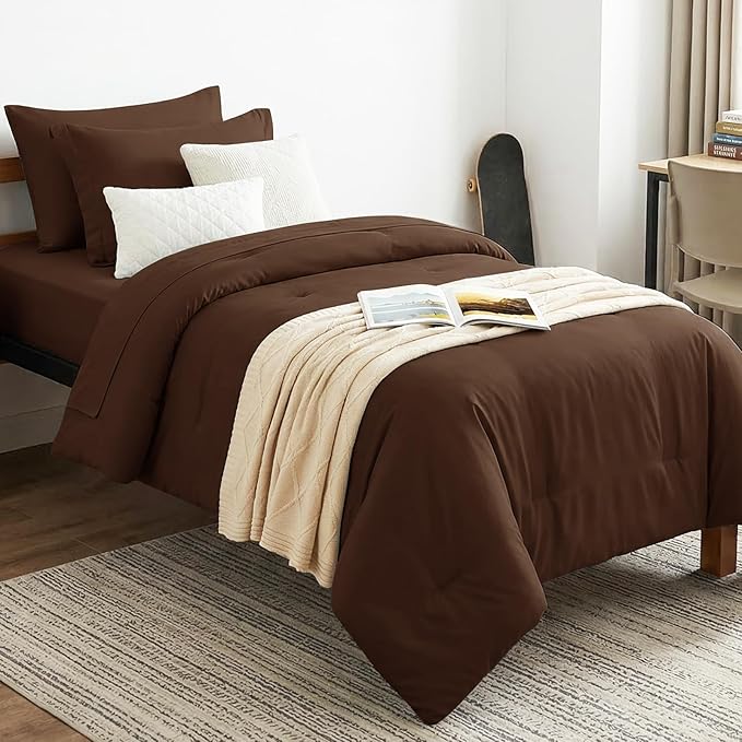 CozyLux Twin XL Comforter Set Brown, 5 Pieces Bed in a Bag Twin Extra Long by CozyLux