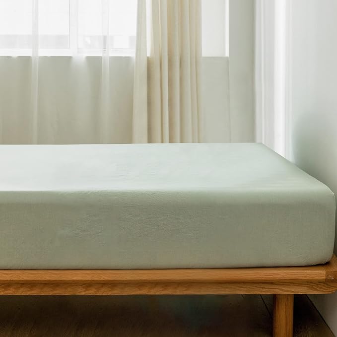 MooMee Fitted Bottom Sheet Only 100% Washed Cotton Linen Like Textured - Image 2