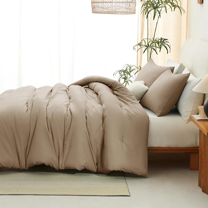 CozyLux Full Size Comforter Set Taupe, 3 Pieces Solid Breathable Quilted - Image 9