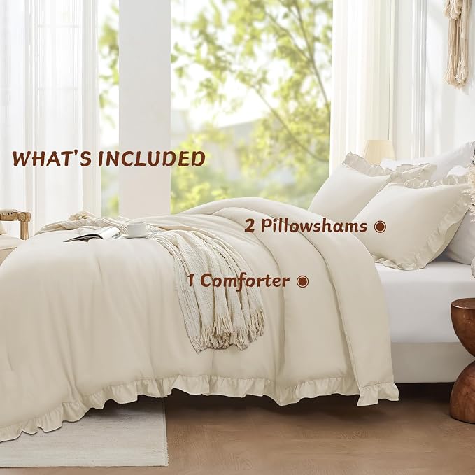 FUANNA Queen Comforter Set Cream White, 3 Pieces Ruffle Queen Bed Set, Fluffy - Image 5