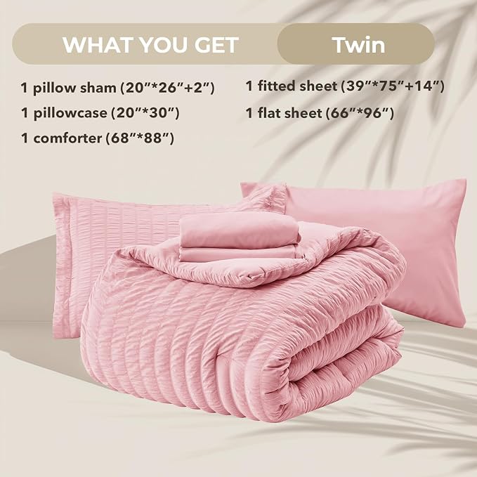 HYMOKEGE Pink Twin Comforter Set Seersucker 5 Pieces, All Season Luxury Bed in - Image 5
