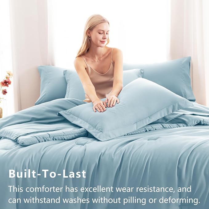 CozyLux Queen Comforter Set Light Blue, 7 Pieces Bed in a Bag Queen Comforter - Image 3