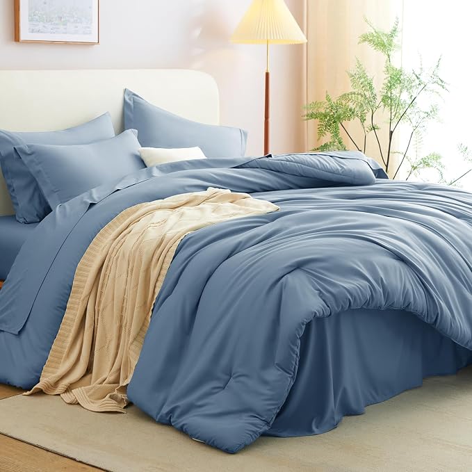 CozyLux Oversized Queen Comforter Set Grayish Blue, 7 Pieces Bed in a Bag - Image 9