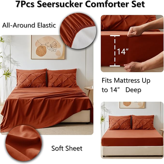 CozyLux Full Size Comforter Sets Burnt Orange, 7 Pieces Pintuck Bed in A Bag - Image 6