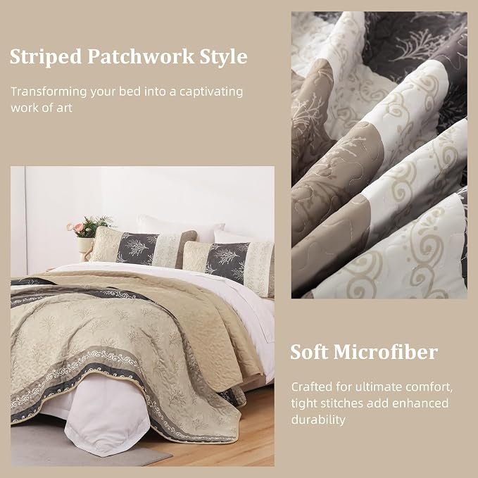 DJY Beige Quilt Set King Size Striped Bedspread Coverlet Set 3 Pieces Boho - Image 7