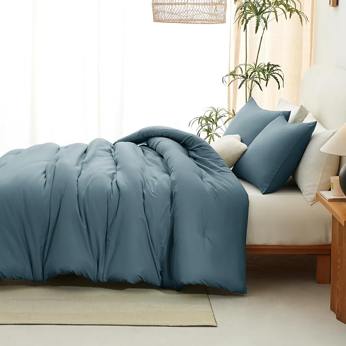 CozyLux Full Size Comforter Set Mineral Blue, 3 Pieces Solid Breathable Quilted - Image 8