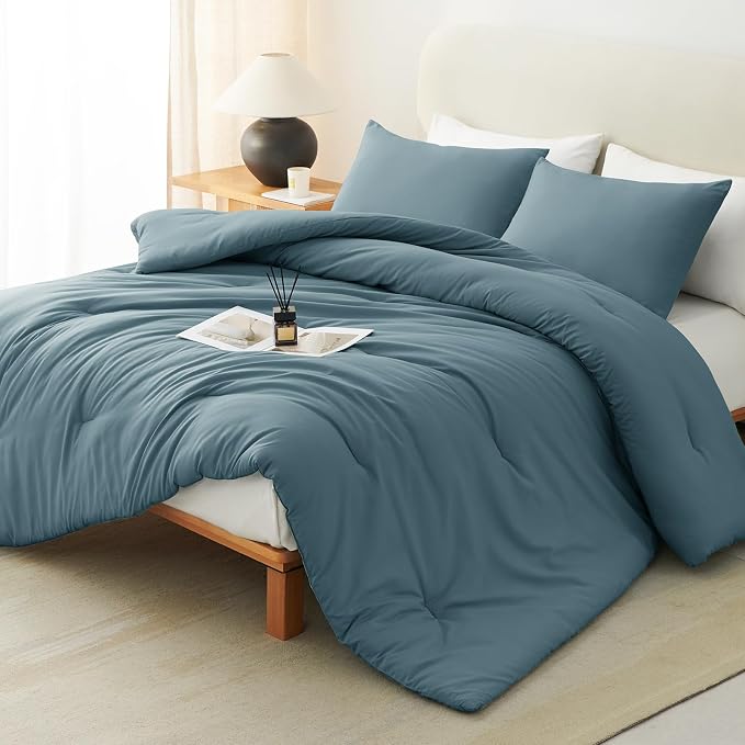 CozyLux Full Size Comforter Set Mineral Blue, 3 Pieces Solid Breathable Quilted by CozyLux