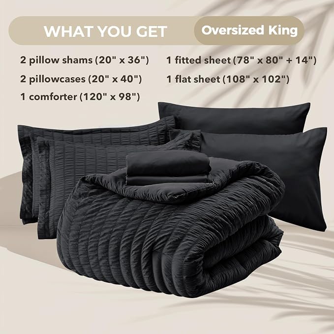 HYMOKEGE Black Oversized King Comforter Set Seersucker 7 Pieces, All Season - Image 5
