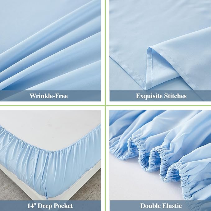 ILAVANDE King Size 6 Piece Bed Sheets Set, Baby Blue - Image 5
