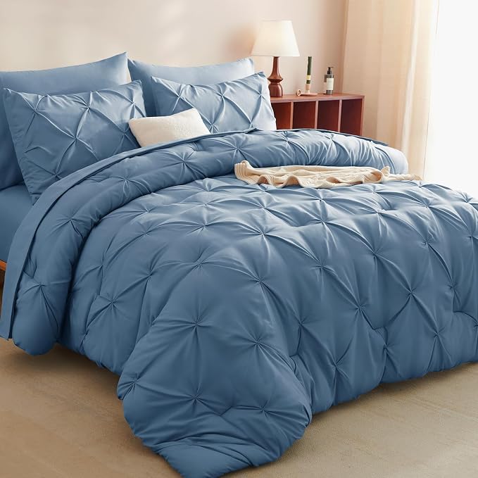 CozyLux Queen Comforter Set Grayish Blue, 7 Pieces Pintuck Bed in A Bag by CozyLux