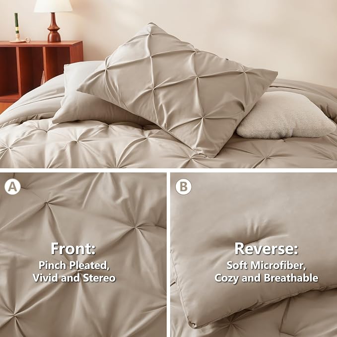 CozyLux King Size Comforter Set Wheat, 7 Pieces Pintuck Bed in A Bag Wheat - Image 3