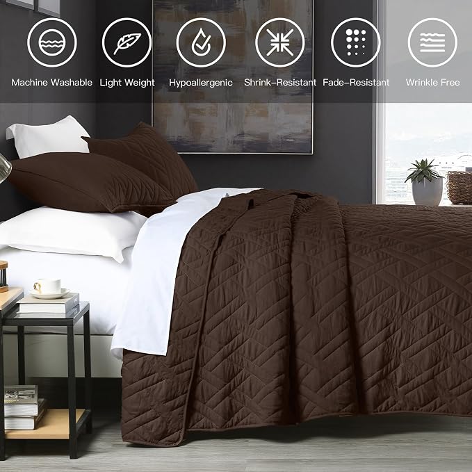 HORIMOTE HOME Quilt Set Queen Size Chocolate, Classic Geometric Diamond - Image 6