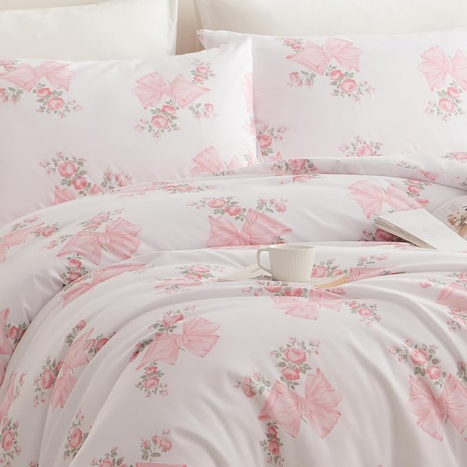 Nayoroom Pink Bow Duvet Cover Queen Size Coquette Pink Floral Duvet Cover 3 - Image 6