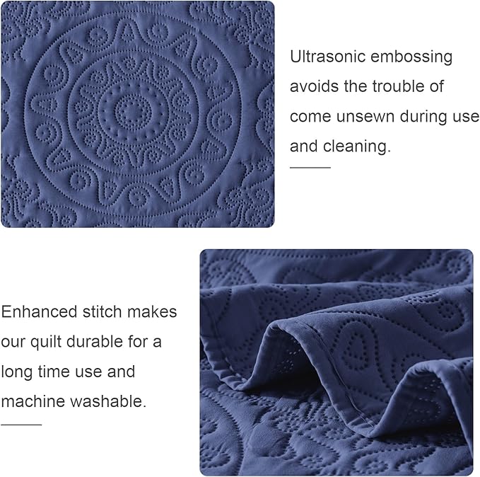 WURUIBO Navy Blue Quilt Set King/Cal King Size, Embossing Microfiber Bedspreads - Image 5